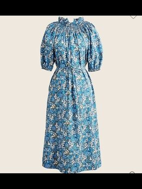 JCREW LIBERTY Blue Floral Puff-Sleeve Smocked Sea Blossoms Midi Dress M NWOT